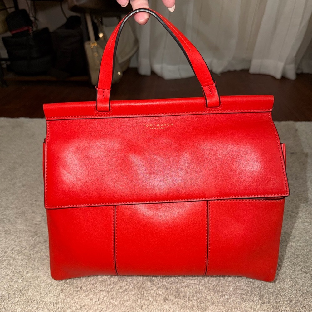 Tory Burch Red Leather Top-Handle Handbag.